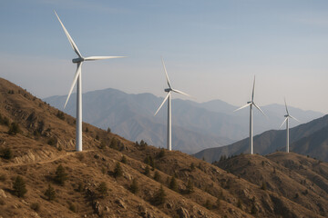 Wind turbines generating renewable energy mountainous region aerial view natural environment