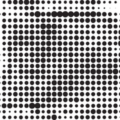 A dense of black and white circles creates an abstract visual texture.