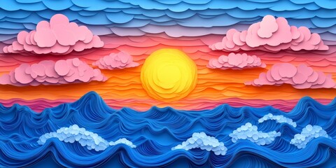 Fototapeta premium Dreamy Paper Artwork, Abstract Sunset with Ocean Waves Pattern, Contemporary Layered Art Design