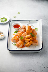Salmon skewers with sweet chili sauce