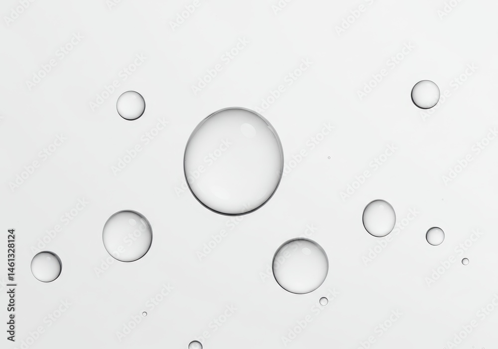 Poster floating water droplets of various sizes against a light gray background create an abstract pattern