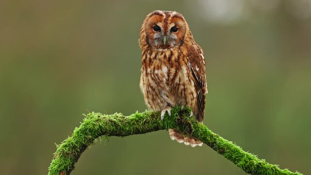 Tawny owl rotating its head from its back towards the front while sitting on moss-covered branch, closeup static