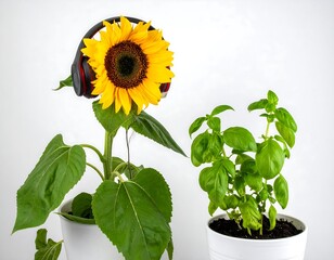 Obraz premium Sunflower with Headphones and Basil Plant in White Pots