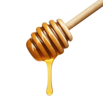 Honey drips from a wooden dipper in bright light. PNG image, transparent background