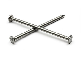 Two metal nails crossed on a white surface, showing the head, shaft, and point of each nail