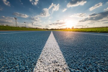 Running track at sunset,  blue and white lines.  Low-angle view