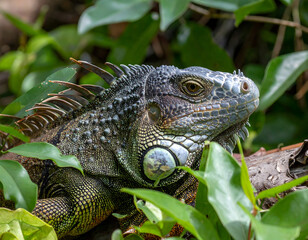 Obraz premium A vibrant green iguana basks on a moss-covered rock in a lush rainforest setting. Its scales shimmer in the dappled sunlight filtering through the canopy.