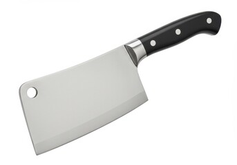 A stainless steel meat cleaver with a black handle sits on a white background, ready for food preparation