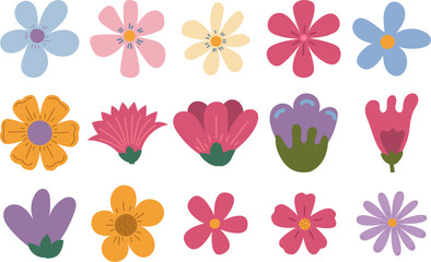 Obraz premium Set of blossom flower heads. Daisy, sunflower, wildflower isolated on white background. Vector illustration
