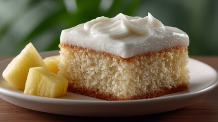 Slice of Coconut Pineapple Cake with Cream Cheese Frosting on White Plate, Tropical Dessert