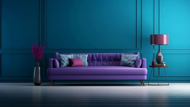 Stylish purple sofa against a vibrant blue wall with decorative elements.