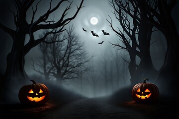 Haunted Halloween Night with Glowing Pumpkins and Flying Bats Under Full Moon
