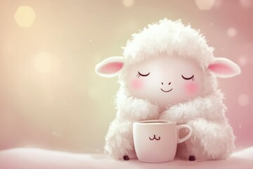kawaii baby sheep in puffy robe, tea mug and sleepy eyes, gentle gradient background