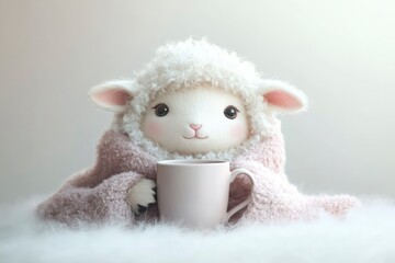 kawaii baby sheep in puffy robe, tea mug and sleepy eyes, gentle gradient background