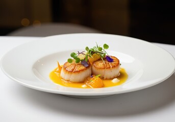 Two seared scallops served on a white plate with orange sauce and microgreens garnish