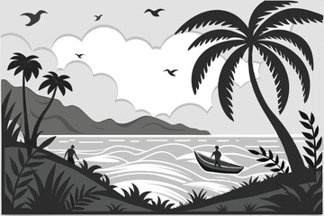 74 Tropical beach scene, paper cut-out art style, black and white, silhouettes, palm trees, ocean waves, small boat, birds flying, people swimming, lush vegetation, layered depth, atmospheric lighting