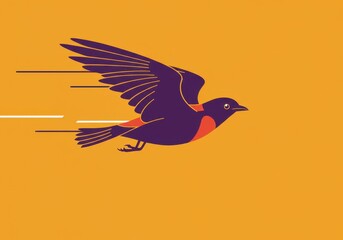 Obraz premium Stylized illustration of a purple and orange bird in flight against a golden yellow background