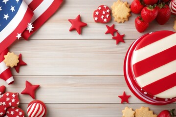 Obraz premium Patriotic celebration with american flag cake and red berries on wooden table