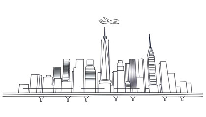 Aerial view of urban skyline with airplane cityscape illustration minimalist style