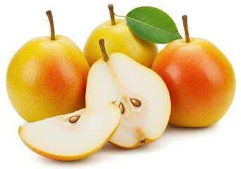 Ripe pears, including a halved pear and a slice, arranged with a single green leaf on a white surface
