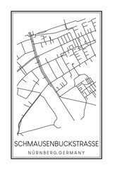 Hand drawn printable downtown road map poster of borough SCHMAUSENBUCKSTRASSE of the German city of NUREMBERG on solid white background with city name