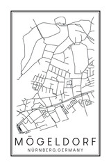 Hand drawn printable downtown road map poster of borough MÖGELDORF of the German city of NUREMBERG on solid white background with city name