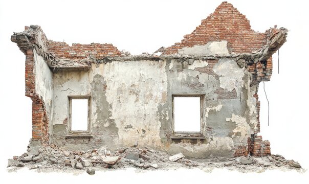 Weathered Brick Wall Ruin Isolated on White Background