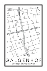 Hand drawn printable downtown road map poster of borough GALGENHOF of the German city of NUREMBERG on solid white background with city name