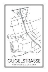 Hand drawn printable downtown road map poster of borough GUGELSTRASSE of the German city of NUREMBERG on solid white background with city name