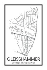 Hand drawn printable downtown road map poster of borough GLEISSHAMMER of the German city of NUREMBERG on solid white background with city name