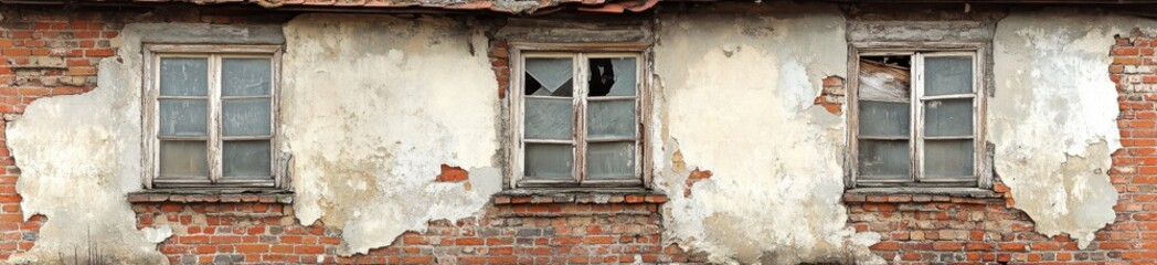 Weathered Brick Wall with Three Damaged Windows
