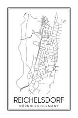 Hand drawn printable downtown road map poster of borough REICHELSDORF of the German city of NUREMBERG on solid white background with city name
