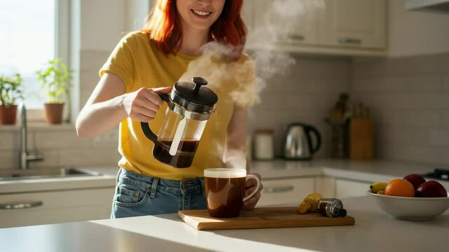 Cheerful Young Woman with Red Hair in Yellow Shirt Brewing Coffee in Bright Kitchen While Pouring Freshly Made Beverage into White Mug