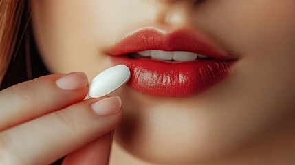 Naklejka premium close-up of a hand holding a white pill near glossy lips, beauty shot, fashion photography style, minimalistic grey background, high detail 