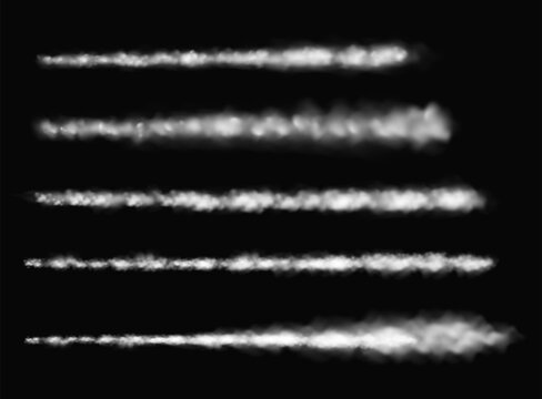 Smoke tail. Realistic white smoke plane track. Airplane, fly jets trail, speed cloud trails. Jet or rocket vapor steam tracks. Vector isolated set.