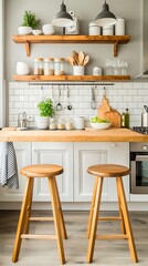 Cozy kitchen with wooden shelves, stools, and a white tiled backsplash