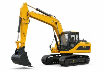 Yellow excavator with black treads and bucket isolated on a white background in a studio setting