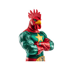 Super Rooster Strong, Confident Rooster Superhero in a Green and Red Costume