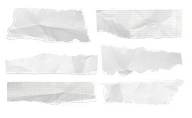 Ripped paper strips. Realistic crumpled paper scraps, white torn notebook sheets with shadow. Ripped papers with crumpled grange texture. Scrapbook banners vector set.