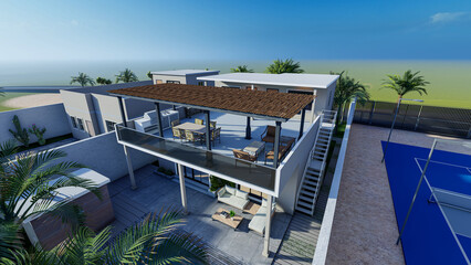 Elegant Two-Story Modern Duplex with Minimalist Architecture, Thatched Vernacular Roof, Glass Railings, Spacious Outdoor Patio, and Contemporary Stone-Paved Terrace