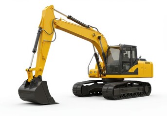 Bright yellow excavator with black bucket and treads isolated against a plain white background