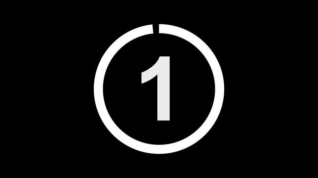 5 seconds countdown timer with white circle countdown animation and white number countdown on black background 0 to 5 seconds on transparent background with alpha channel, 5 second countdown time