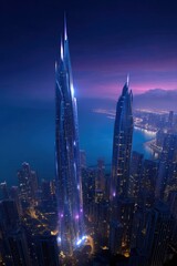 Naklejka premium Twilight cityscape with tall spire-shaped skyscrapers and illuminated central building near water