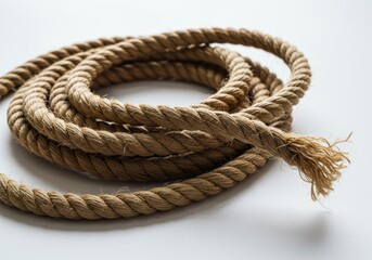 Obraz premium Coiled natural rope with frayed end lies on a plain white surface in a studio shot