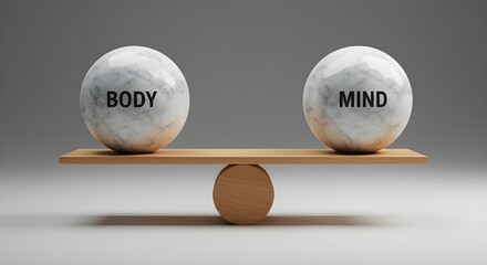 Body and Mind Balance on Wooden Seesaw | Conceptual Wellness, Meditation and Mental Health Metaphor for Stress Management, Mindfulness and Healthy Lifestyle
