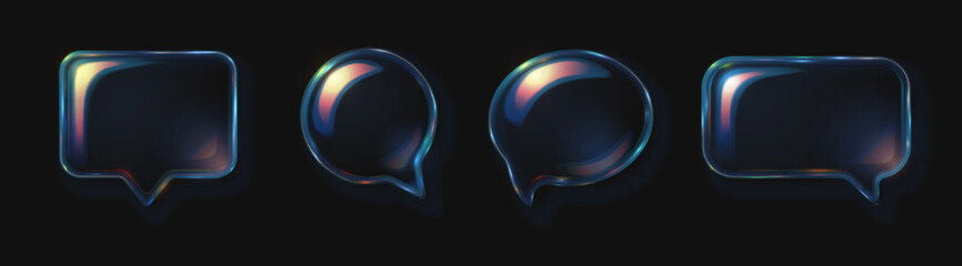Collection of glass transparent speech bubble icons with refraction and holographic effect with dispersion light overlay isolated on dark background. Vector 3d illustration.
