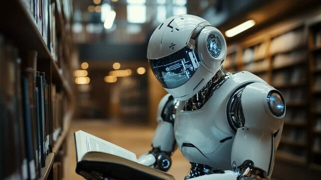 Robot studying in modern library setting. A robot sits in a contemporary library, intently reading a book amidst tall shelves filled with literature.