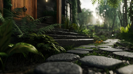 Naklejka premium Stone Pathway Leading To Wooden Door In Lush Forest Garden
