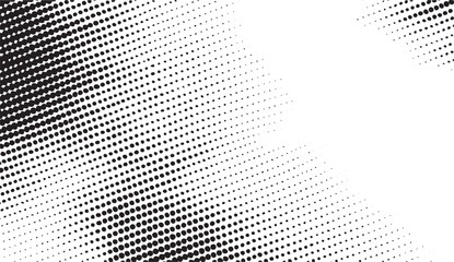 A dynamic black and white halftone creates a striking diagonal effect.