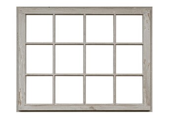 A twelve pane window with a distressed gray frame against a white background shows architectural detail